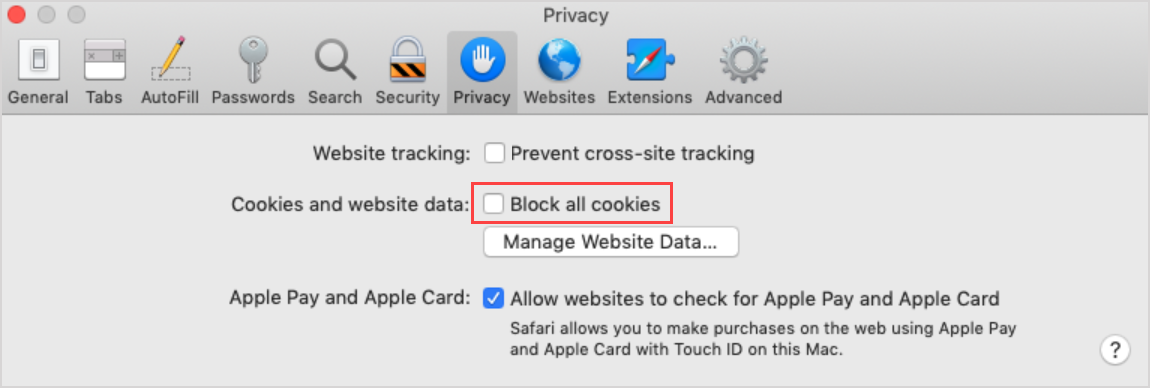 The second Safari privacy option check box of "Block all cookies" should be disabled.